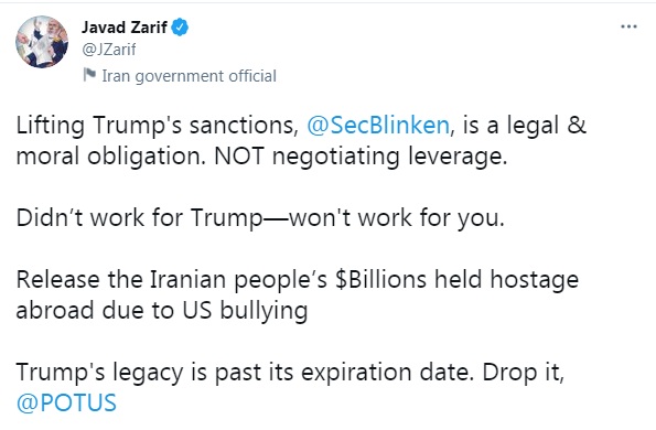 ظریف: لغو تحریم‌های ایران، وظیفه قانونی آمریکاست