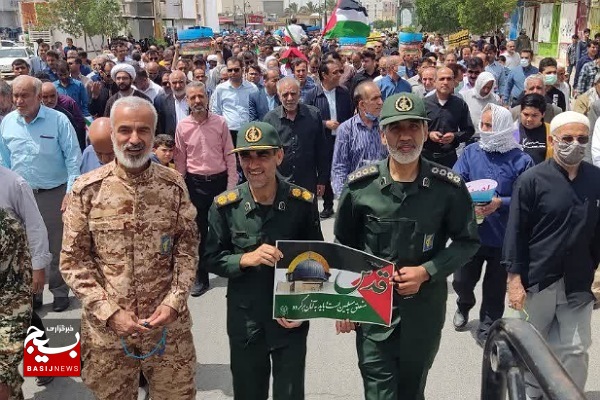 راهپیمایی روز قدس همزمان با سراسر کشور در شهر خورموج برگزار شد