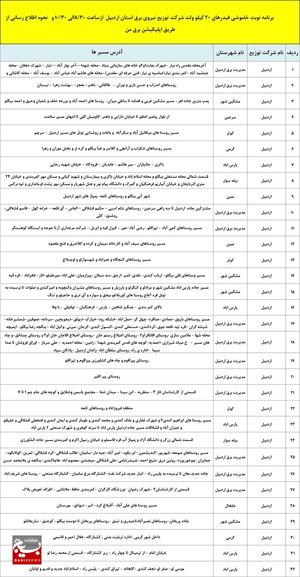 برنامه خاموشی‌های برق ۲۷ آذرماه در اردبیل