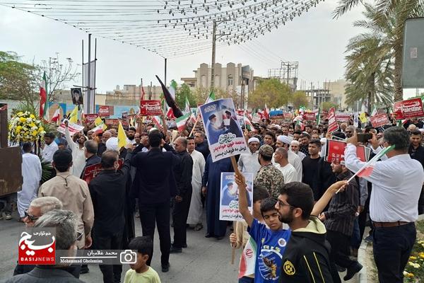 حضور پرشور مردم کنگان در راهپیمایی روز جهانی قدس/ پیکر شهید کاپیتان محمد عزیزی در حلقه راهپیمایان کنگانی