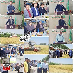 آیین اولین برداشت مکانیزه برنج شهرستان در روستای کلمدان