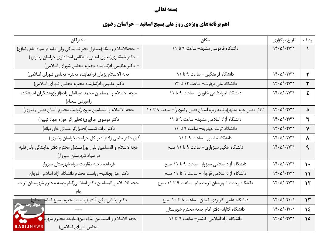 برنامههای ویژه روز ملی بسیج اساتید در خراسان رضوی اعلام شد برنامههای ویژه روز ملی بسیج اساتید در خراسان رضوی اعلام شد