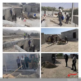 18 گروه جهادى بسیج   بندر خمير مشغول خدمت رسانى به منازل افراد نيازمند آسيب ديده از بارندگى اخير هستند