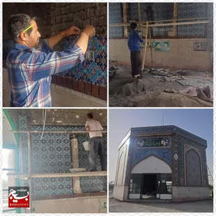 مرحله کاشیکاری تزیینی سنتی اسلامی در بارگاه شهدای گمنام هندیجان
