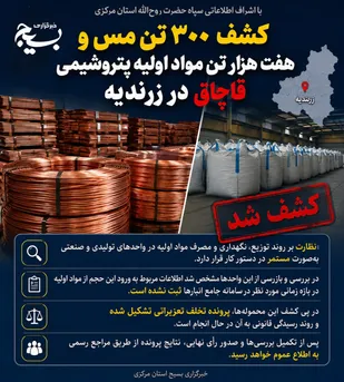 کشف ۳۰۰ تن مس و هفت هزار تن مواد اولیه پتروشیمی قاچاق در زرندیه
