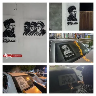 طرح شابلون&zwnj;نگاری تصویر رهبر معظم انقلاب&nbsp; جمهوری اسلامی بر روی دیوارها خودروها در بخش رودخانه