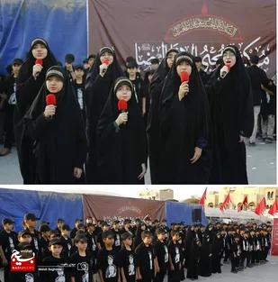 اجرای سرود آئینی نوجوانان بسیجی ایران در مسیر راهپیمایی اربعین