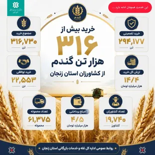 تحقق خرید بیش از 316 هزار تن گندم/ پرداخت 4.5 همت از مطالبات گندم&zwnj;کاران زنجانی